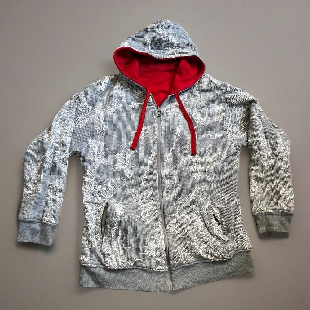 VTG Y2K Avirex Hoodie Mens L Grey/Red Reversible Dragon Eagle All Over Print AOP